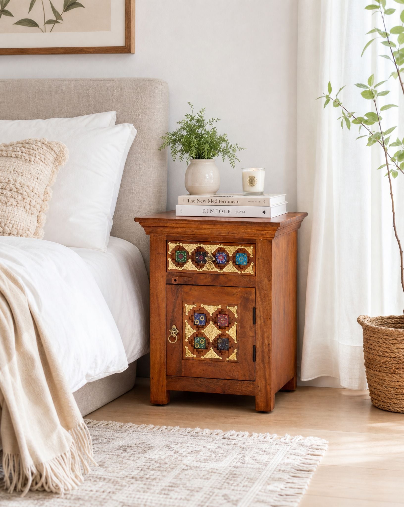 Shestile Wooden Brass & Tile Nightstand Table - Art and craft furniture