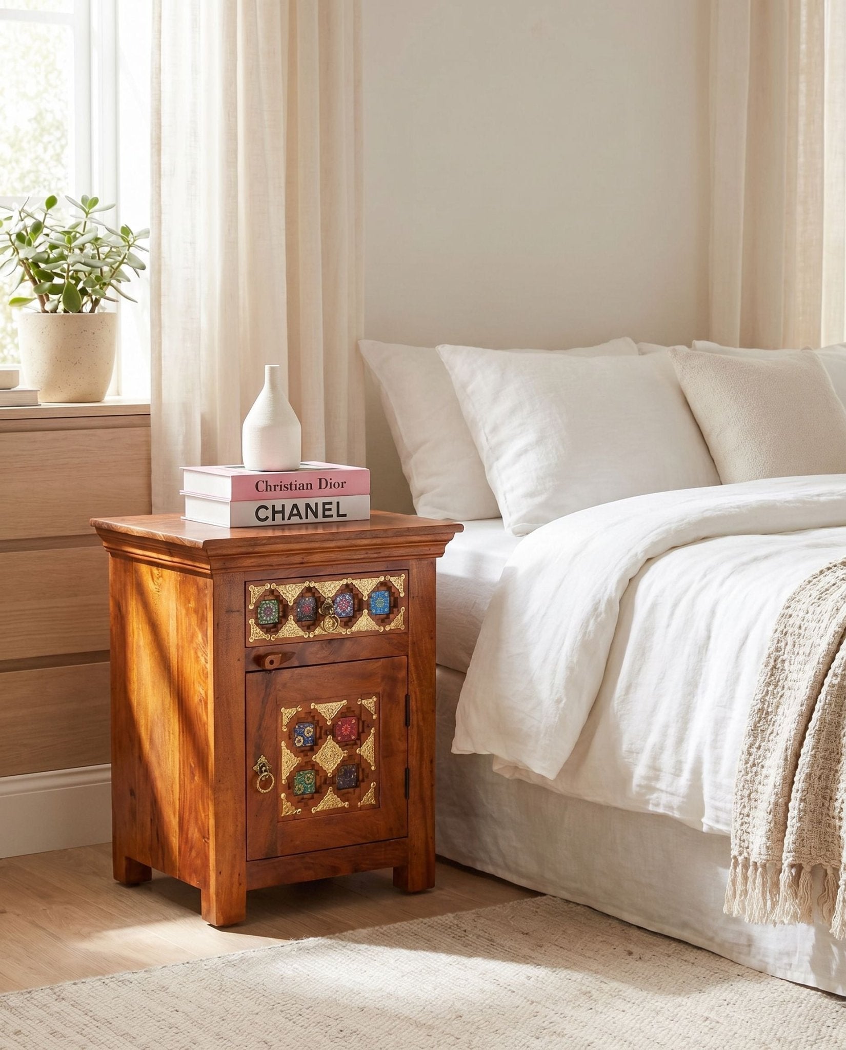 Shestile Wooden Brass & Tile Nightstand Table - Art and craft furniture