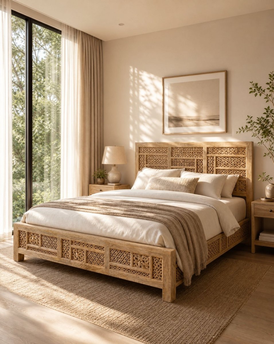 Sierra Mango Wood Carved Bed - Art and craft furniture