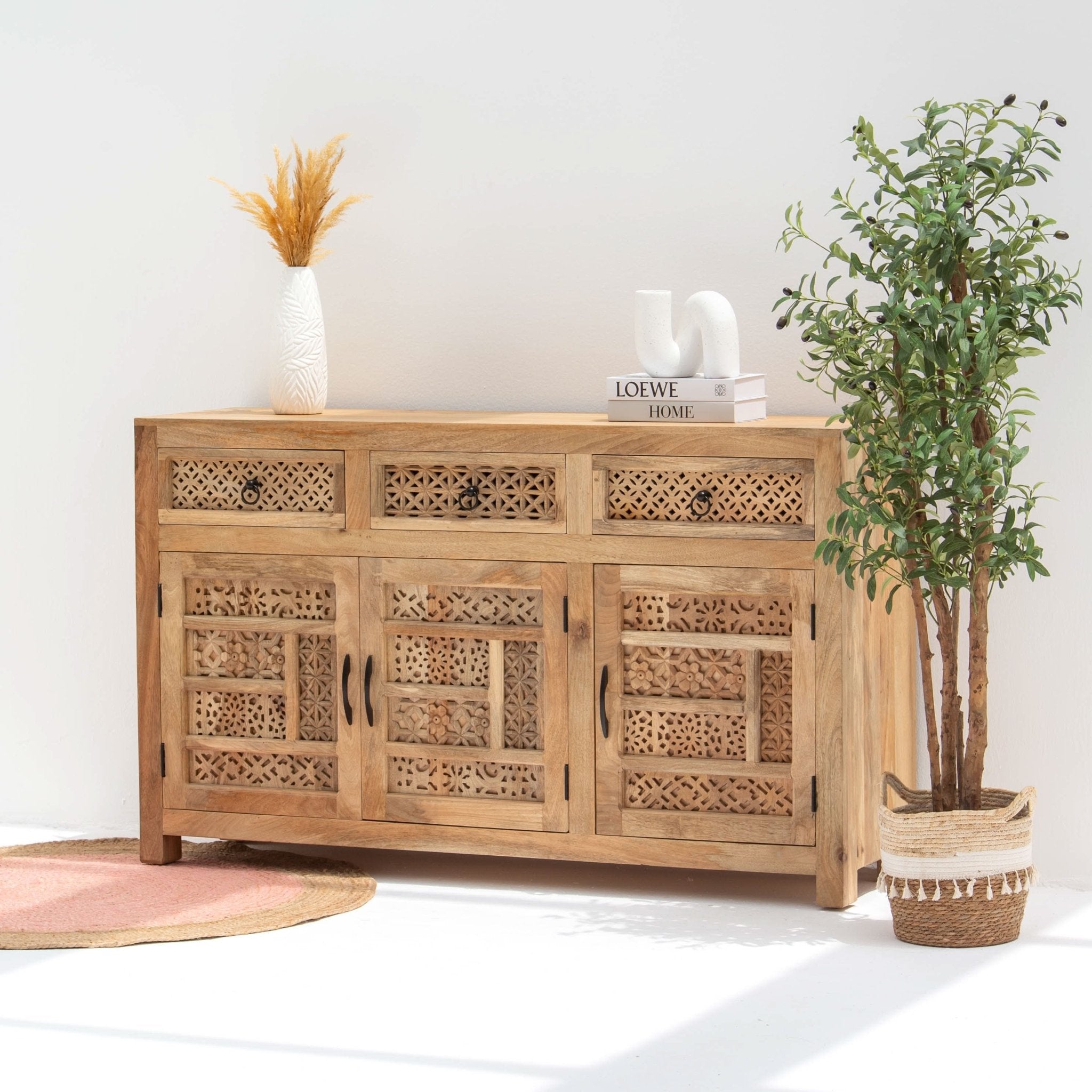 SIERRA WOODEN THREE DOOR THREE DRAWER CARVING SIDEBOARD - Art and craft furniture