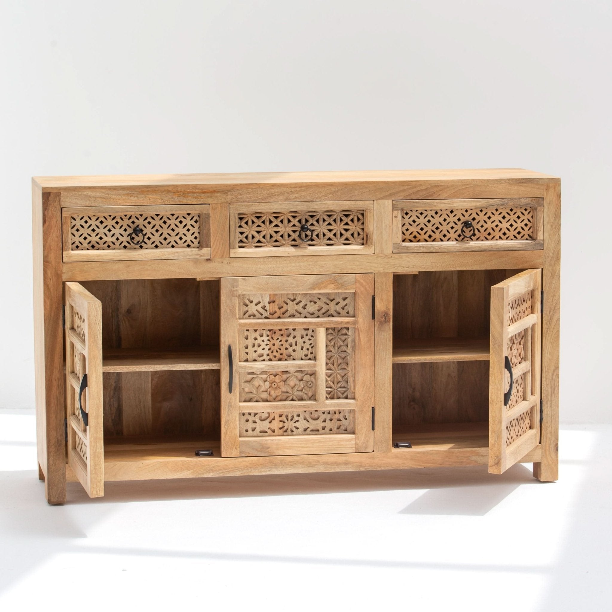 SIERRA WOODEN THREE DOOR THREE DRAWER CARVING SIDEBOARD - Art and craft furniture