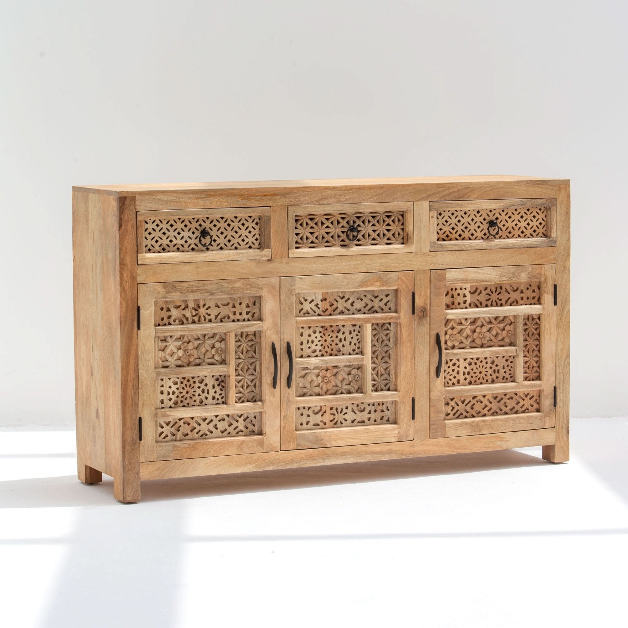 SIERRA WOODEN THREE DOOR THREE DRAWER CARVING SIDEBOARD - Art and craft furniture