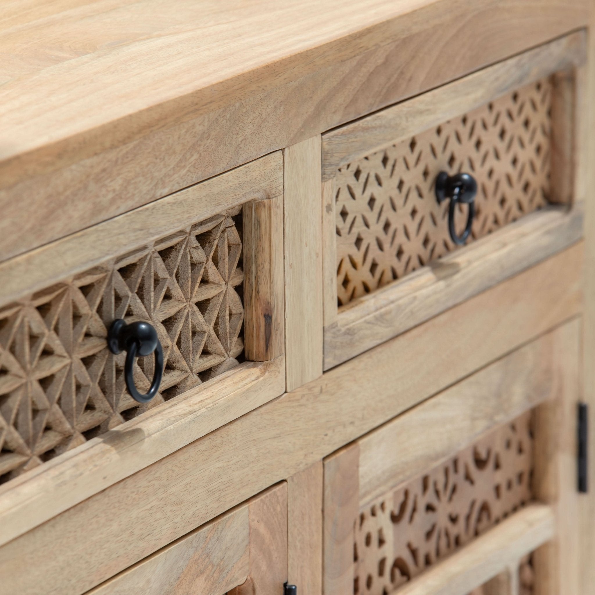 SIERRA WOODEN THREE DOOR THREE DRAWER CARVING SIDEBOARD - Art and craft furniture