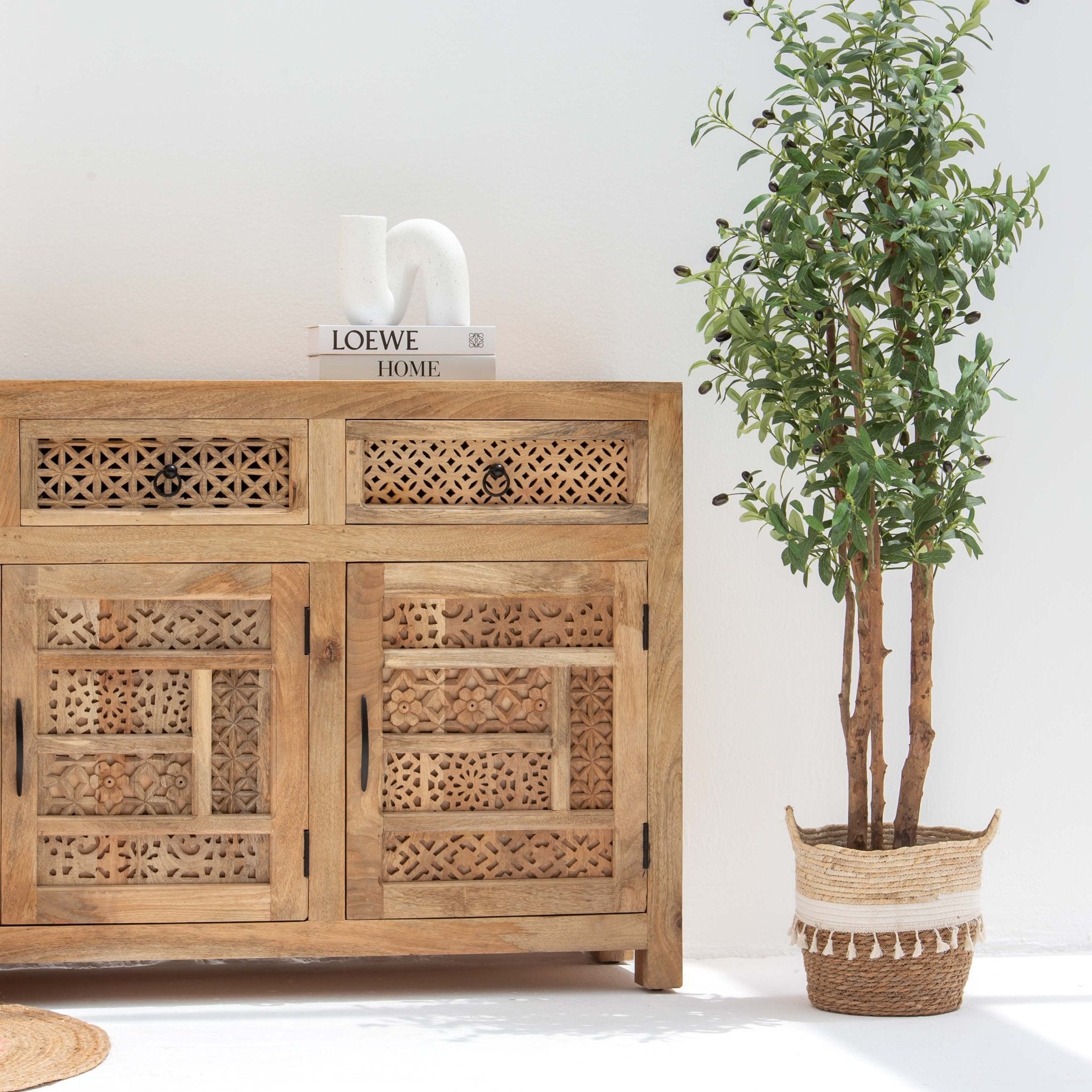 SIERRA WOODEN THREE DOOR THREE DRAWER CARVING SIDEBOARD - Art and craft furniture