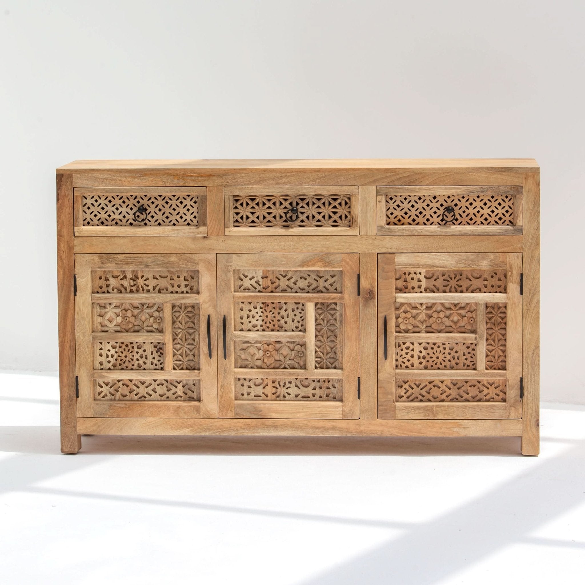 SIERRA WOODEN THREE DOOR THREE DRAWER CARVING SIDEBOARD - Art and craft furniture