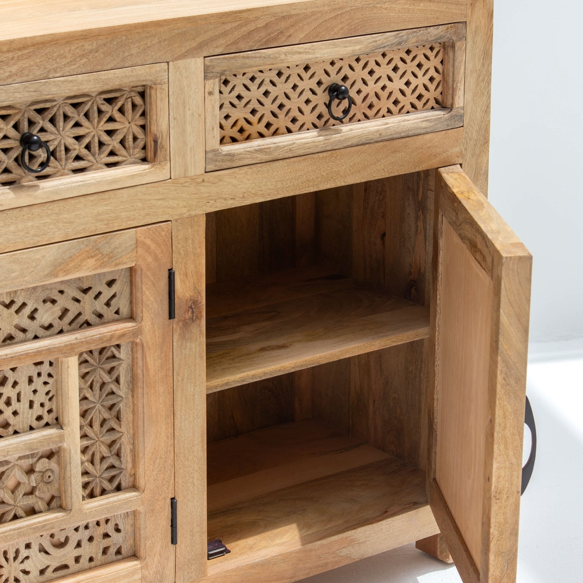 SIERRA WOODEN THREE DOOR THREE DRAWER CARVING SIDEBOARD - Art and craft furniture