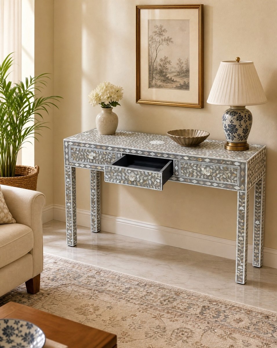 Solara 3 Drawer Mother of Pearl Grey Console Table - Art and craft furniture