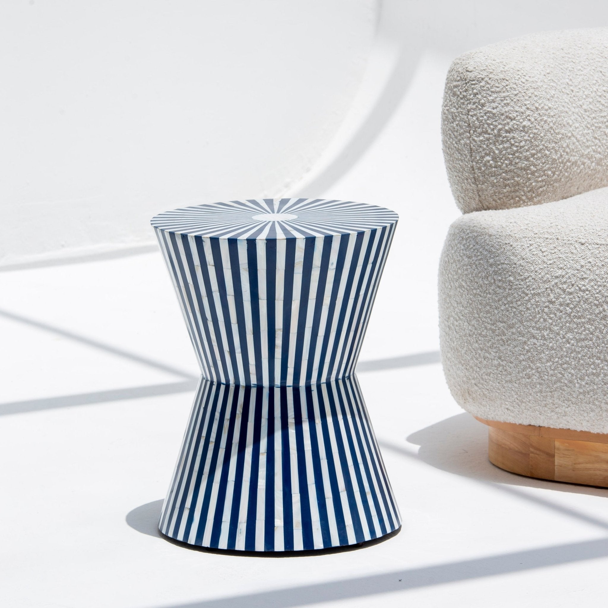 SYMMETRY-BLUE STRIPE MOTHER OF PEARL ROUND STOOL - Art and craft furniture