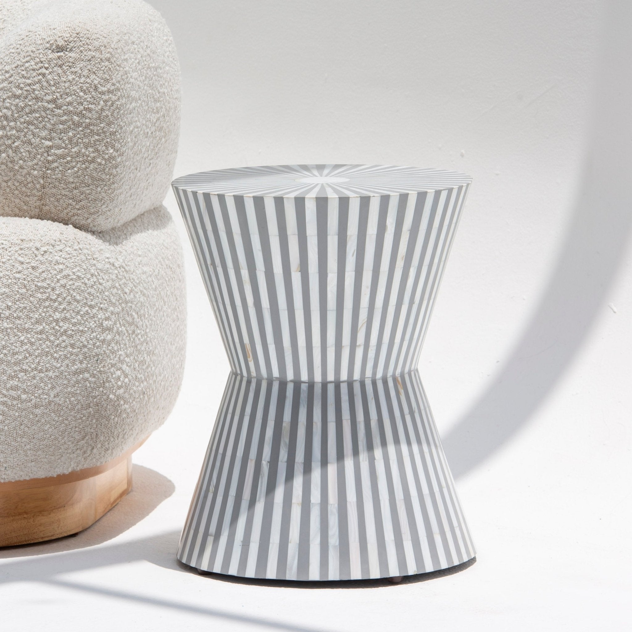SYMMETRY-GREY STRIPE MOTHER OF PEARL ROUND STOOL - Art and craft furniture