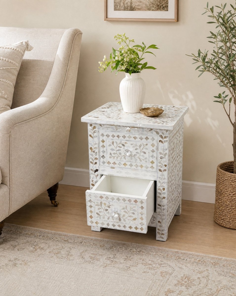 Symmetry White Mother Of Pearl Bedside Table - Art and craft furniture