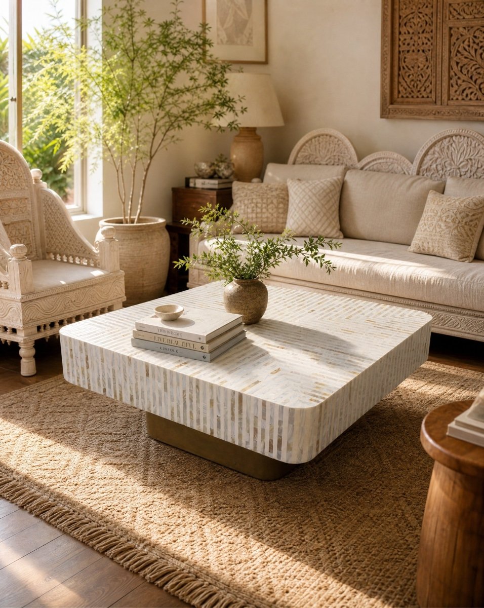 Symmetry-White Stripe Mother of Pearl Coffee Table - Art and craft furniture