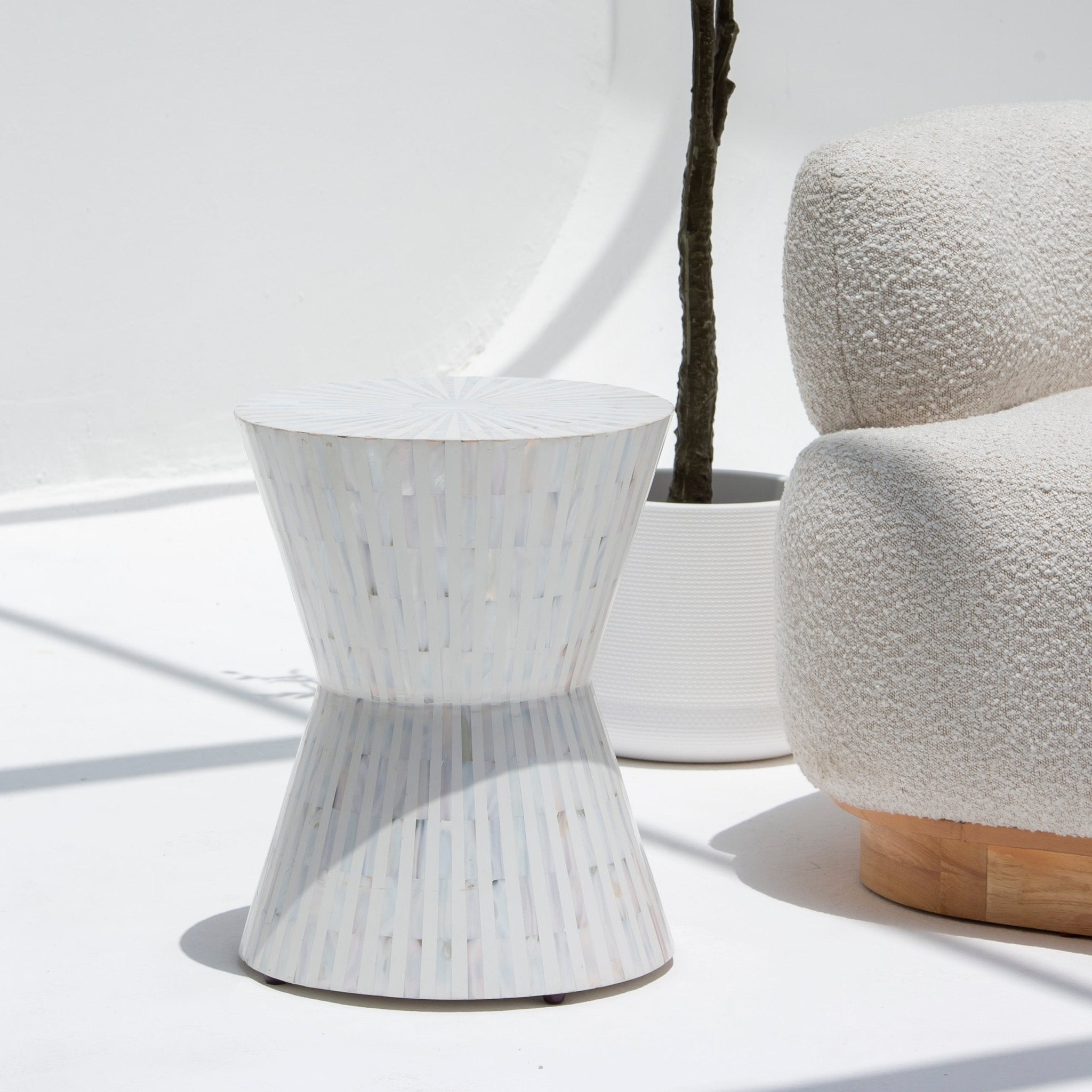 SYMMETRY-WHITE STRIPE MOTHER OF PEARL ROUND STOOL - Art and craft furniture