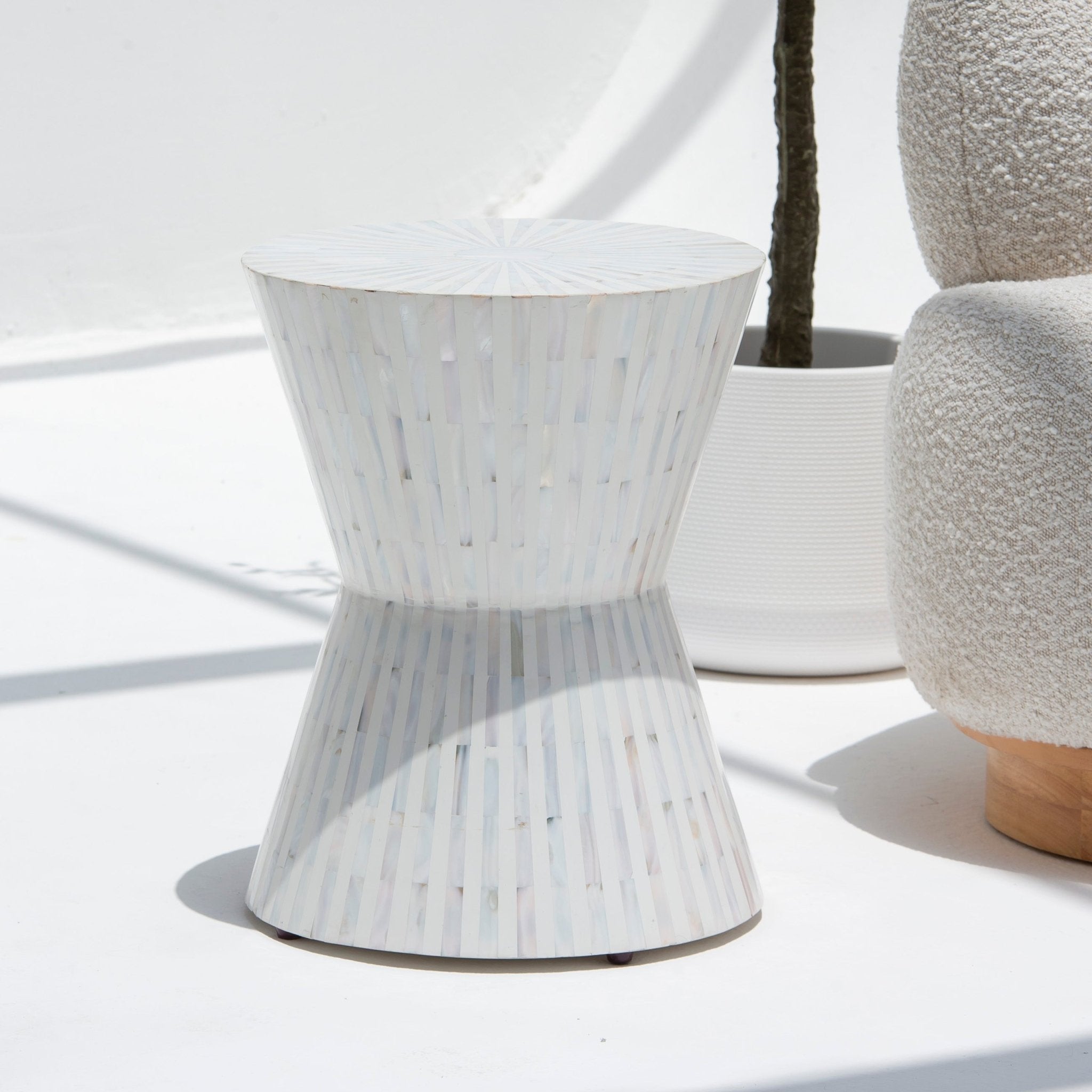 SYMMETRY-WHITE STRIPE MOTHER OF PEARL ROUND STOOL - Art and craft furniture