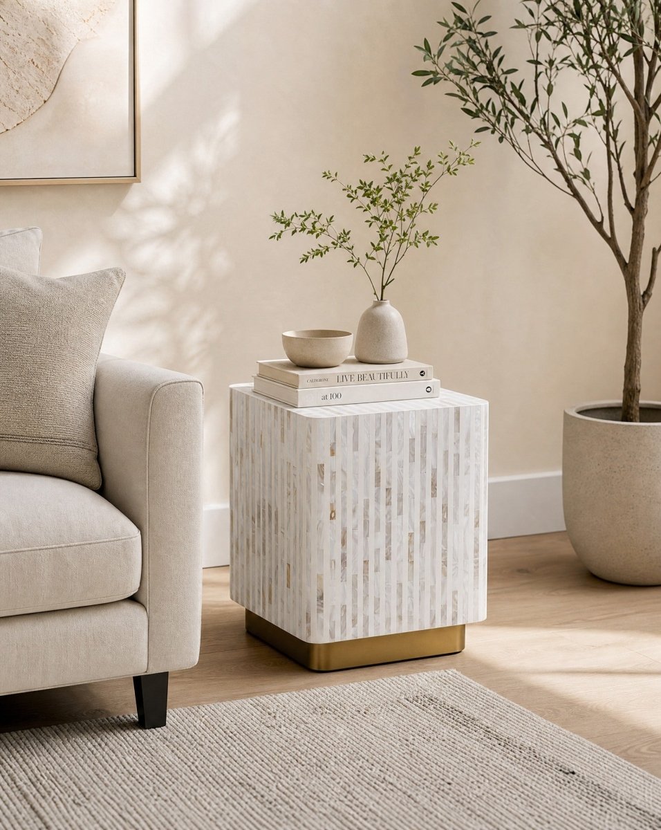 Symmetry White Stripe Mother Of Pearl Side Table - Art and craft furniture