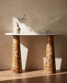 Terraluxe Wood Pillar Legs Marble Console Table - Art and craft furniture