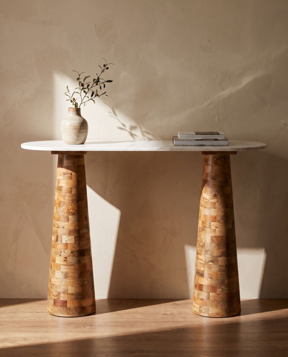 Terraluxe Wood Pillar Legs Marble Console Table - Art and craft furniture