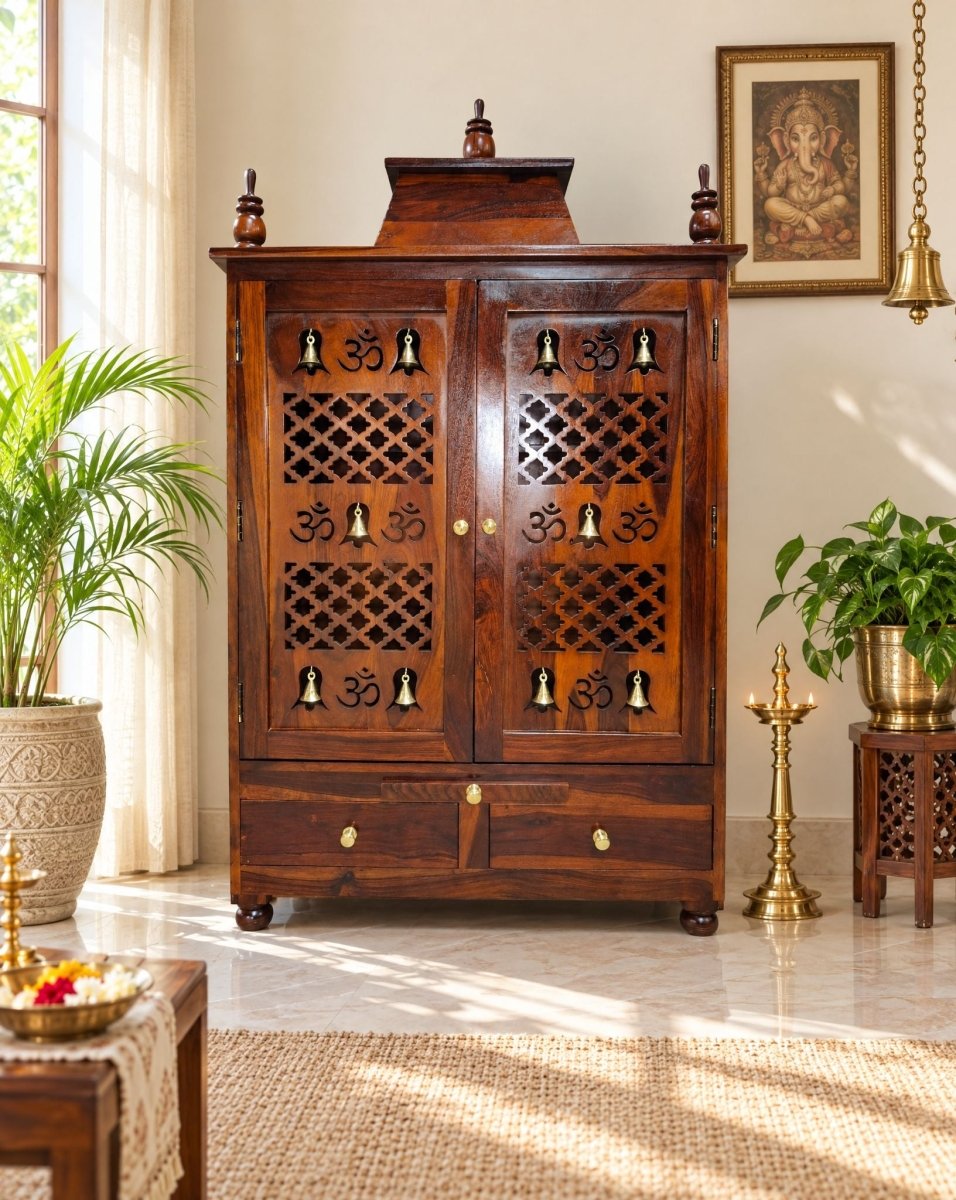 Traditional Two Drawer Two Door Home Temple - Art and craft furniture