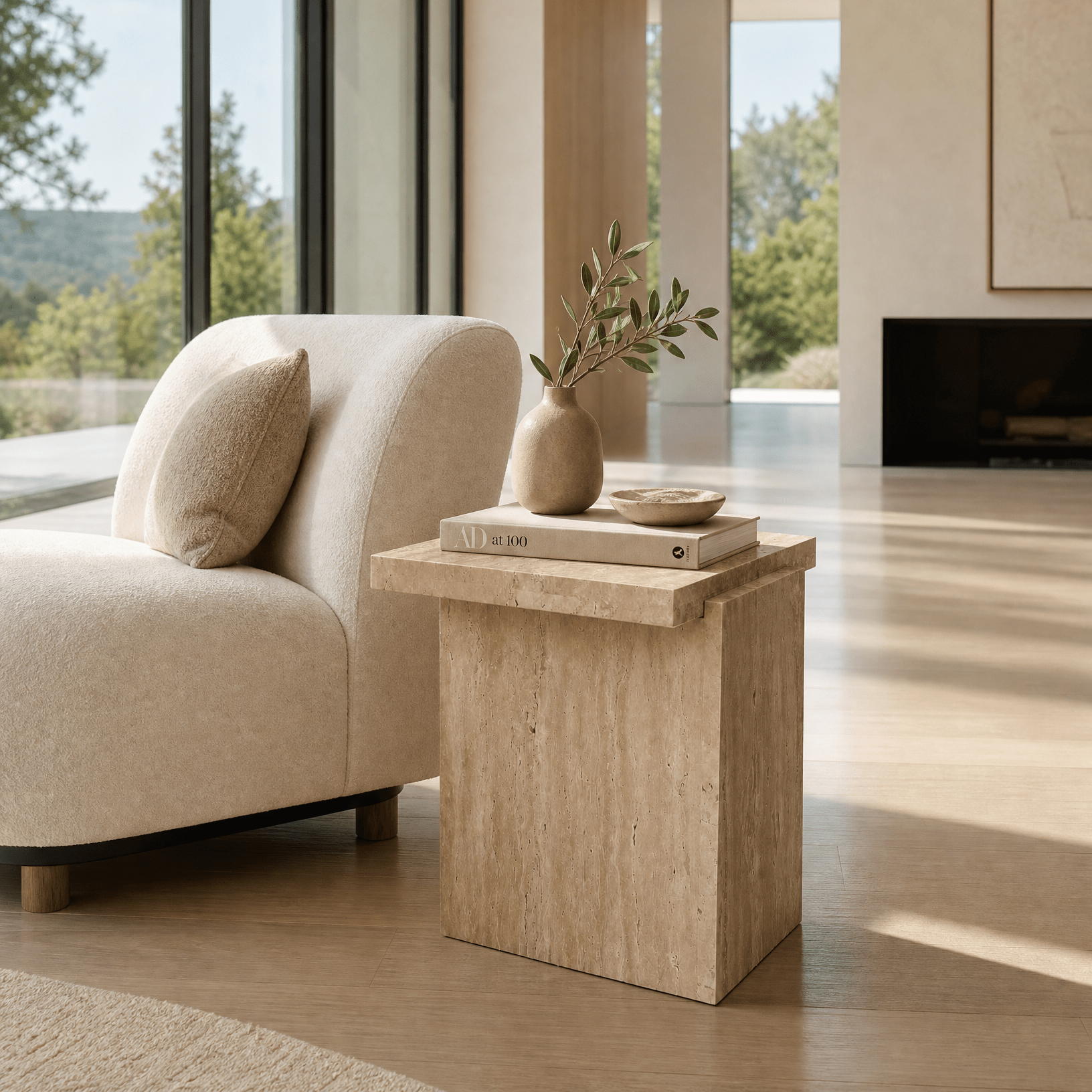 Travertine Beige Honed Side Table - Art and craft furniture