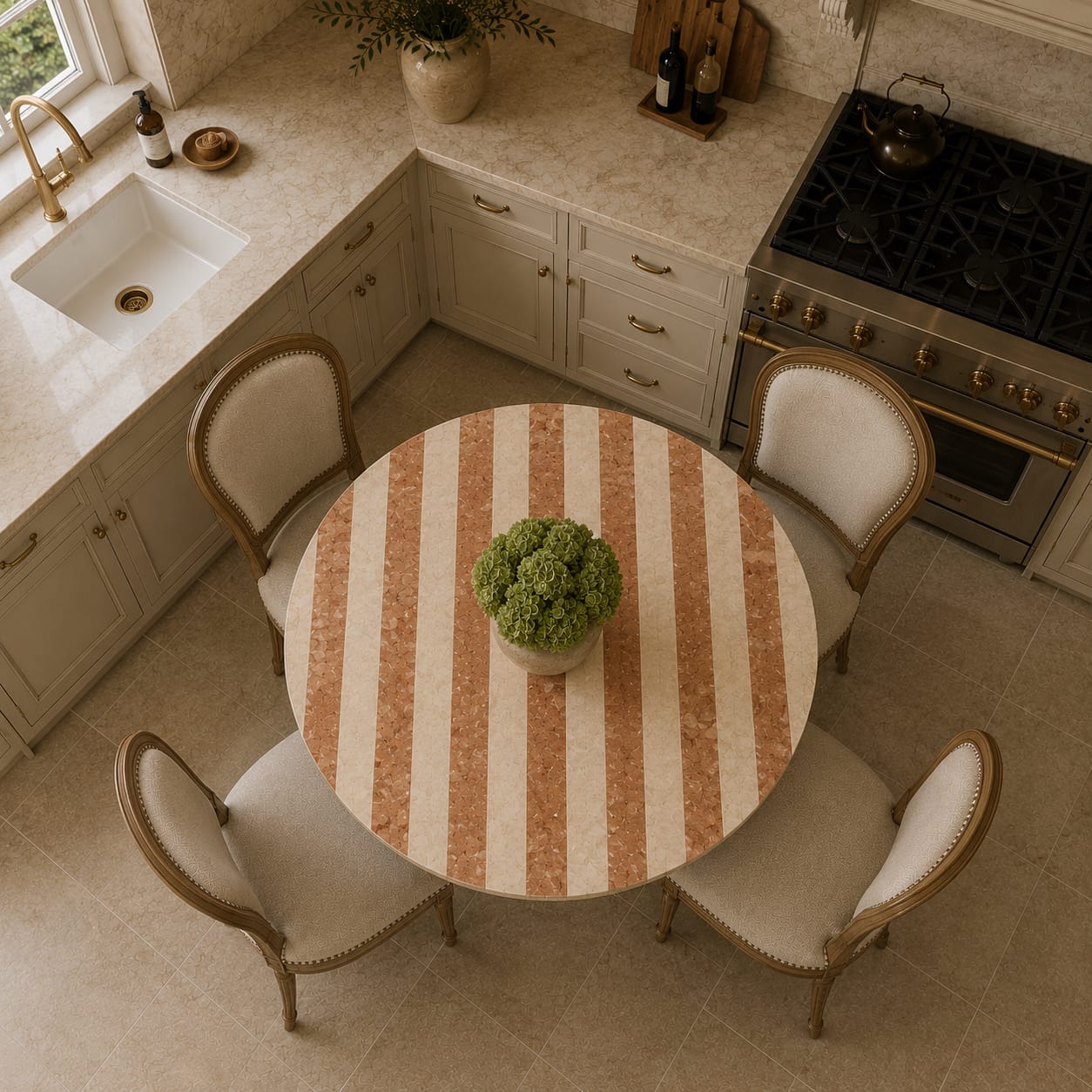 Travertine Dining Table Red & Beige Hexagonal Base - Art and craft furniture