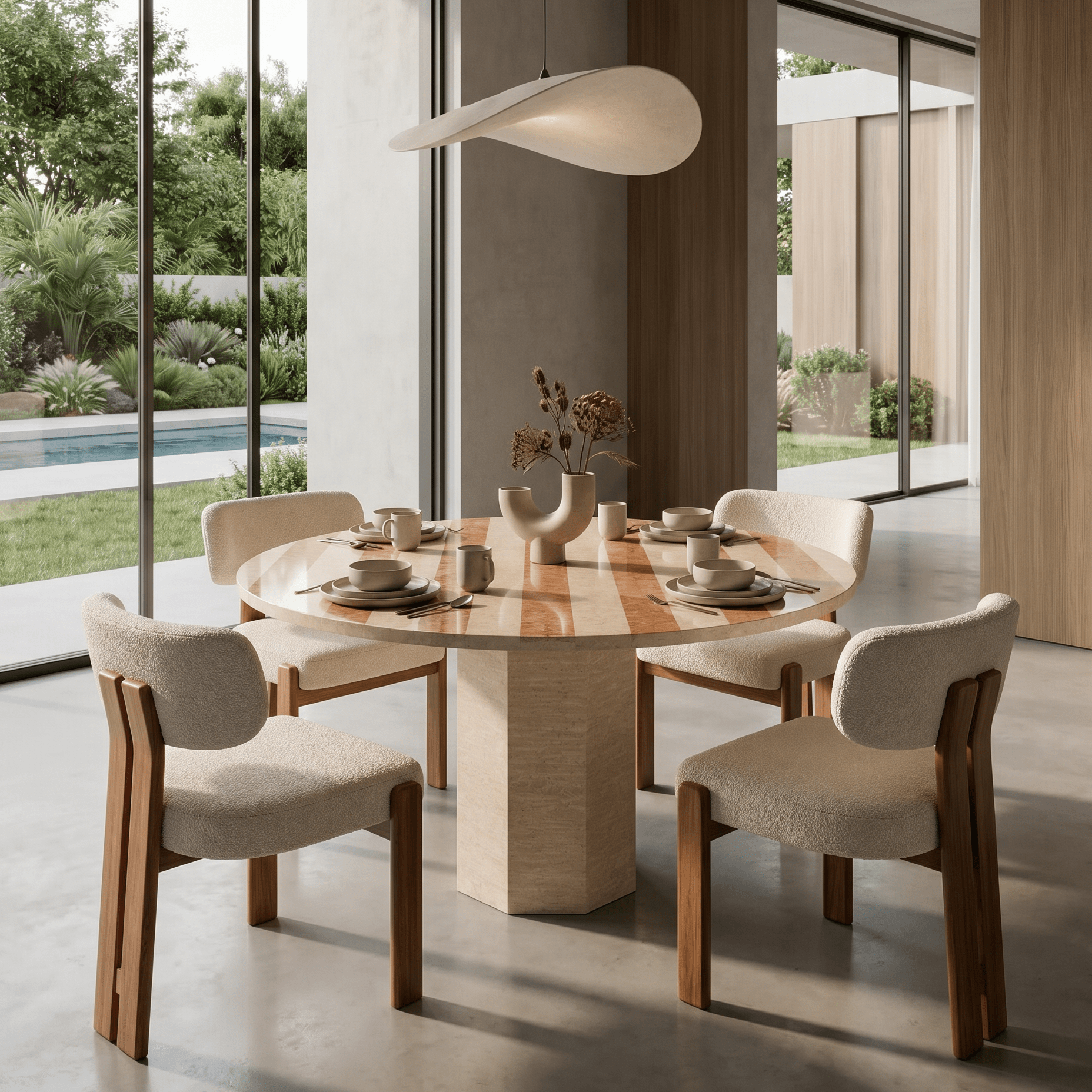 Travertine Dining Table Red & Beige Hexagonal Base - Art and craft furniture