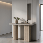 Travertine Entryway Console – Beige & Silver Stone - Art and craft furniture