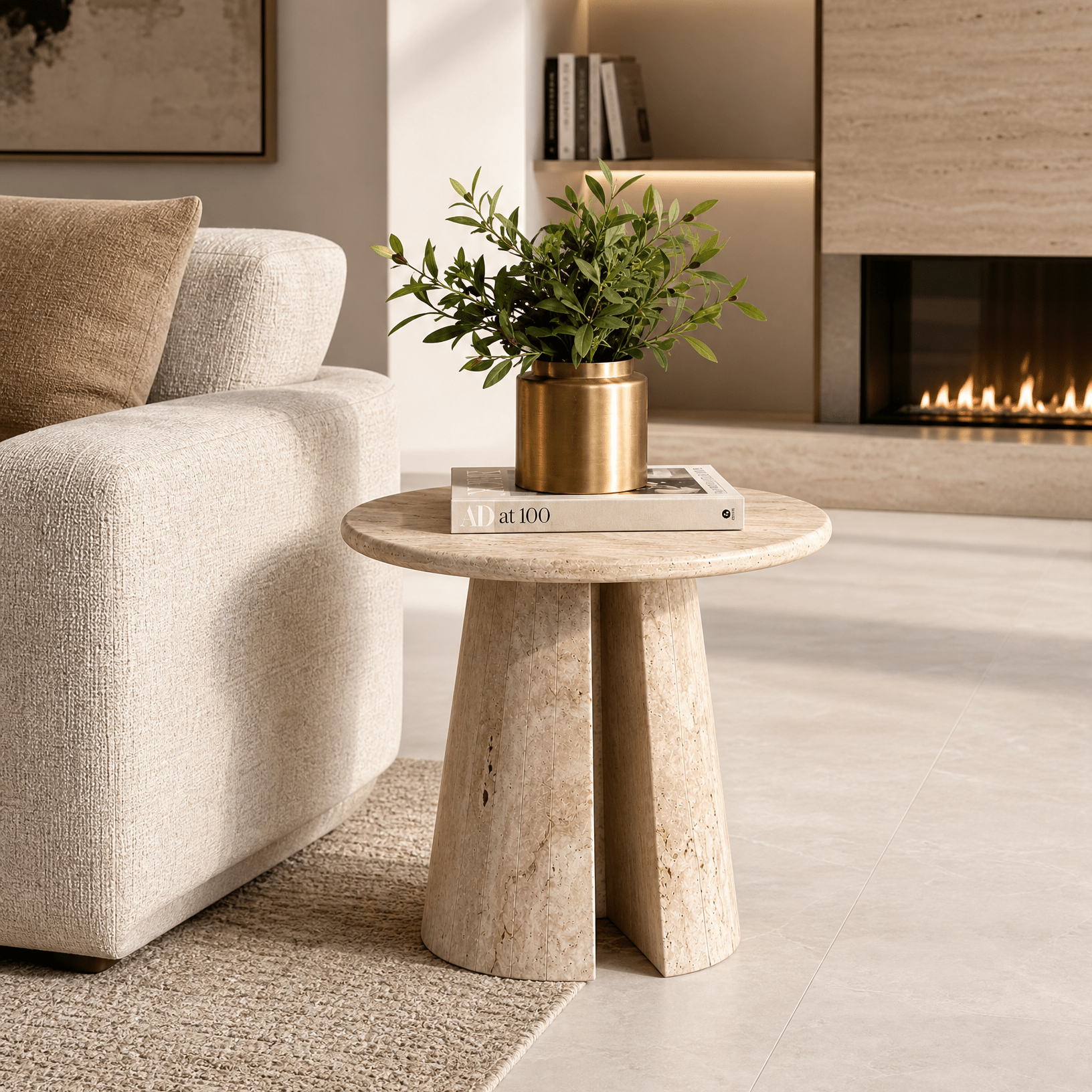 Travertine Round Side Table - Art and craft furniture