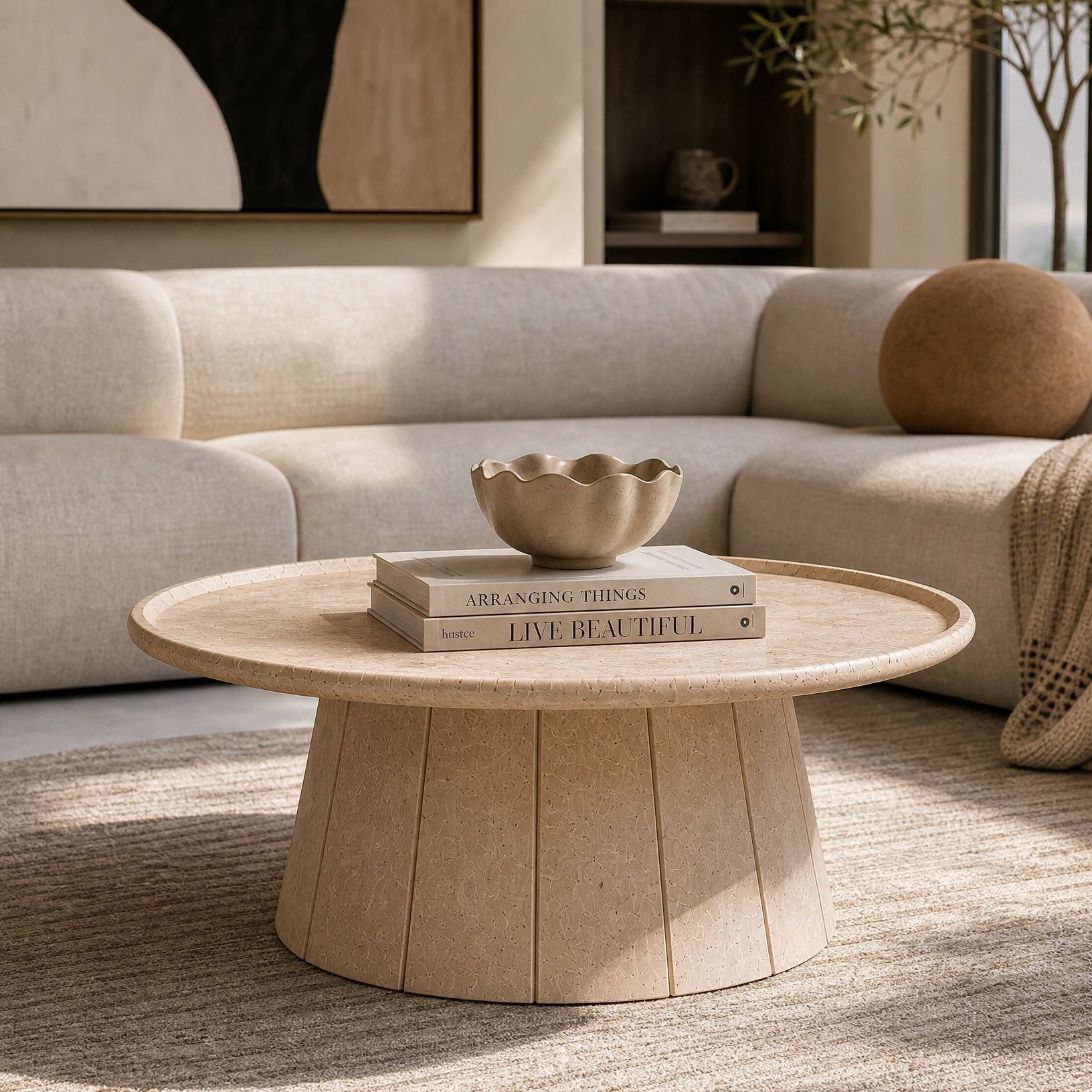 Travertine Stone Cross Cut Beige Coffee Table - Art and craft furniture