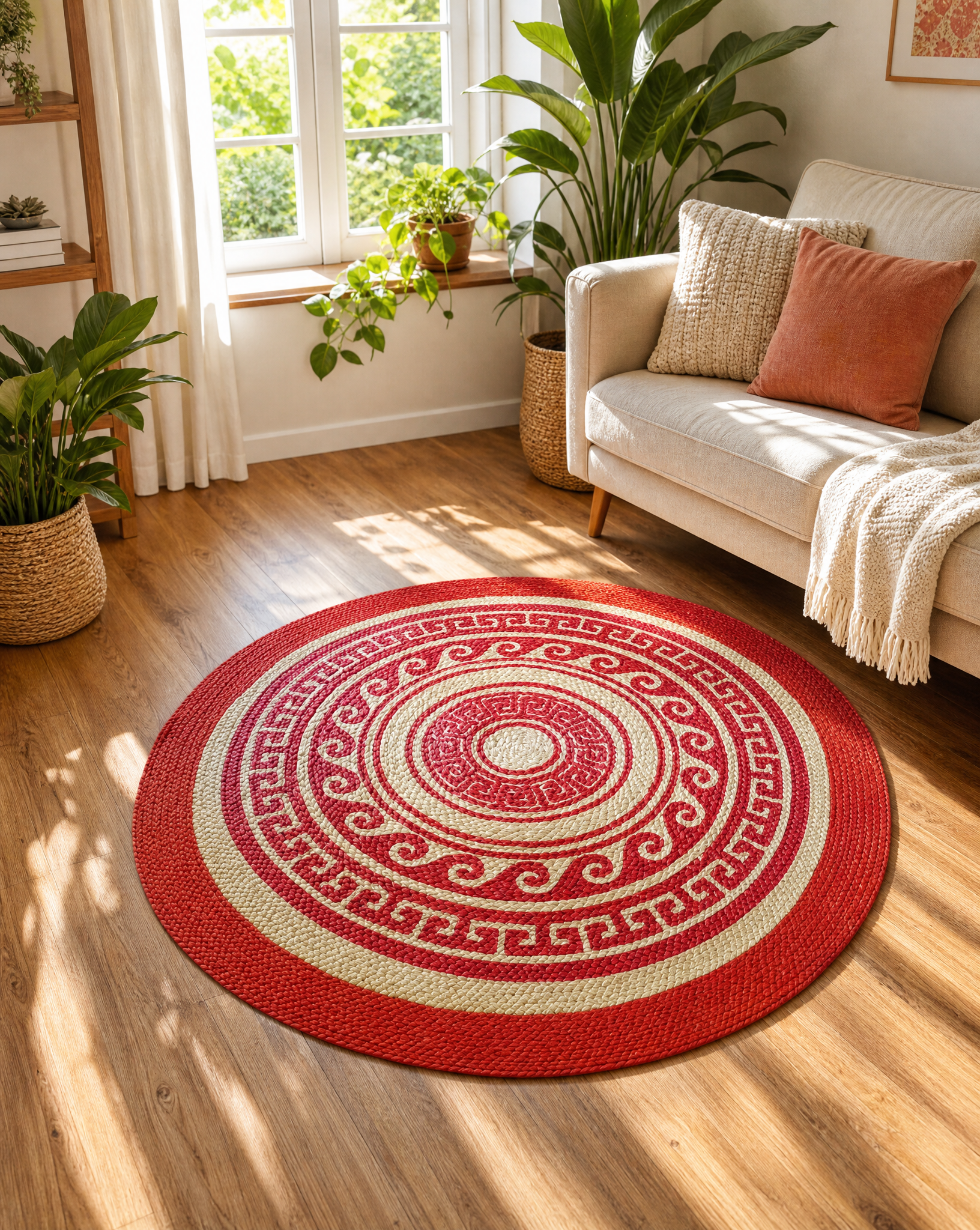 TRIBAL PRINTED JUTE ROUND RED HANDMADE RUG - Art and craft furniture