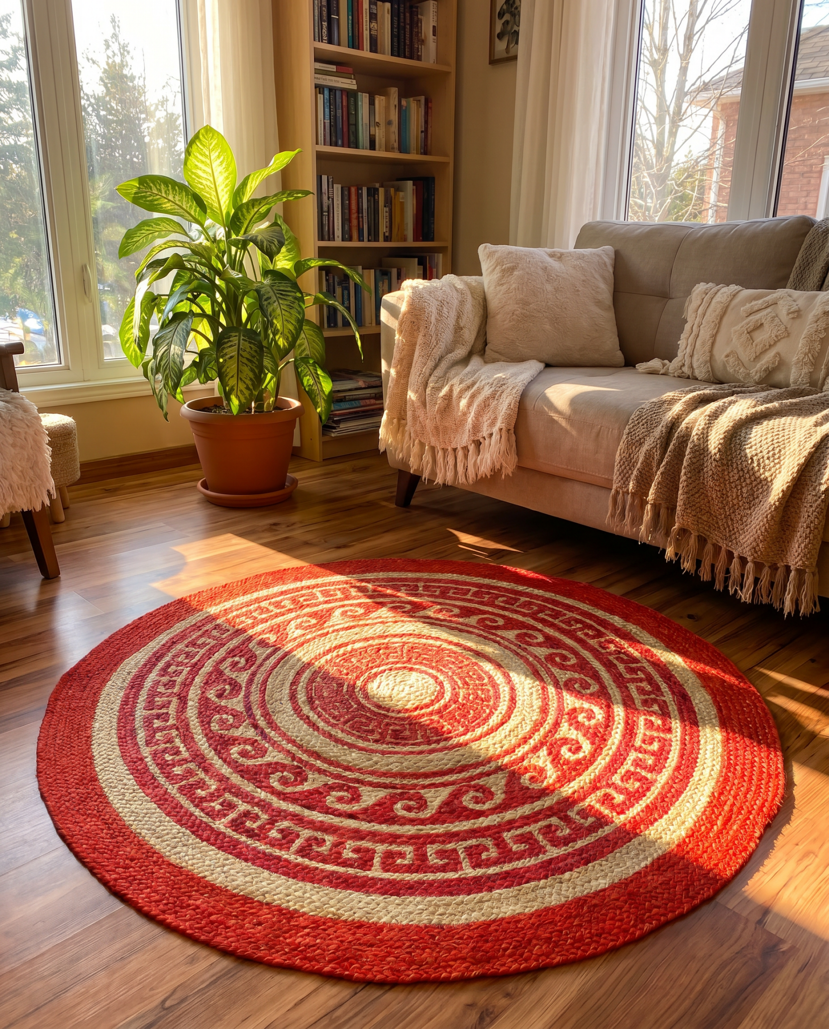 TRIBAL PRINTED JUTE ROUND RED HANDMADE RUG - Art and craft furniture