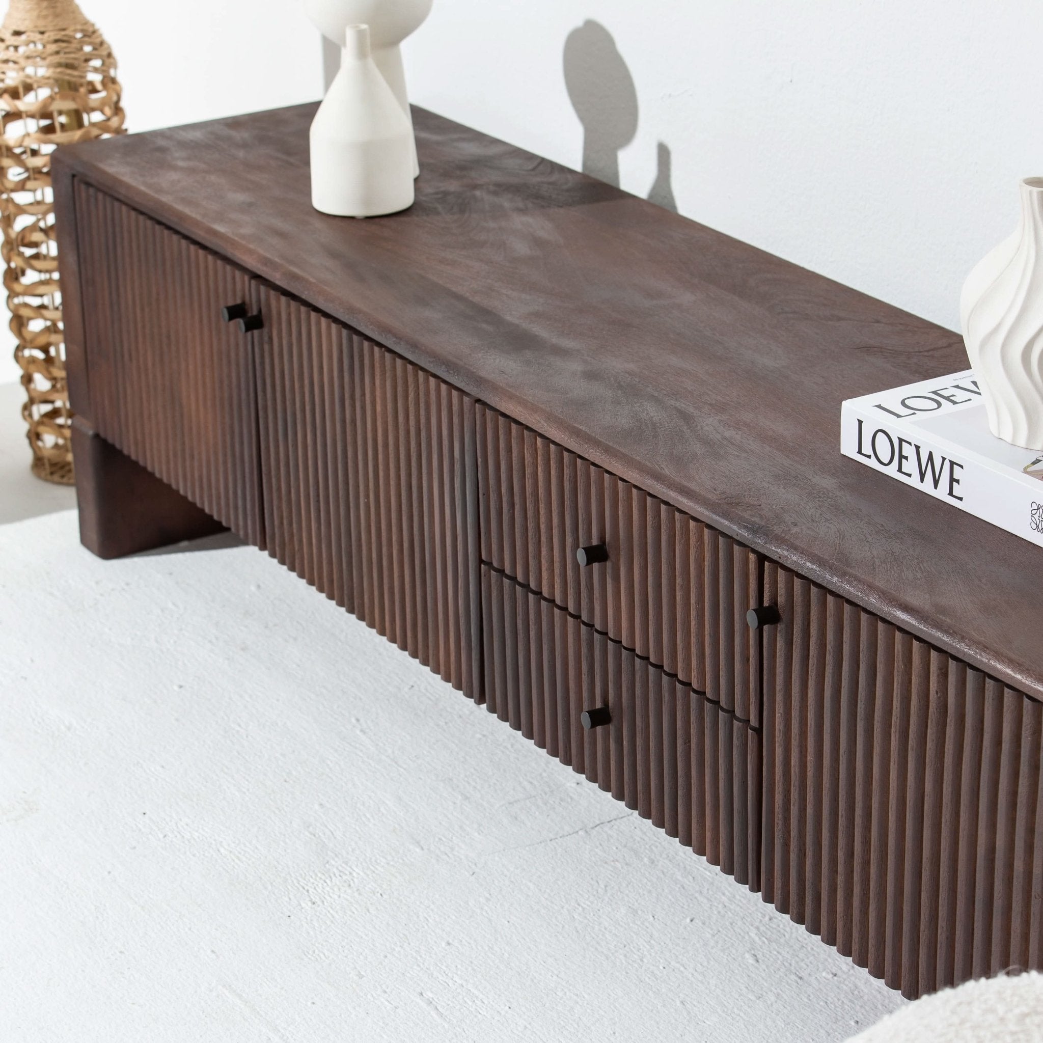VALENCIA-BROWN TWO DRAWER THREE DOOR TV STAND - Art and craft furniture