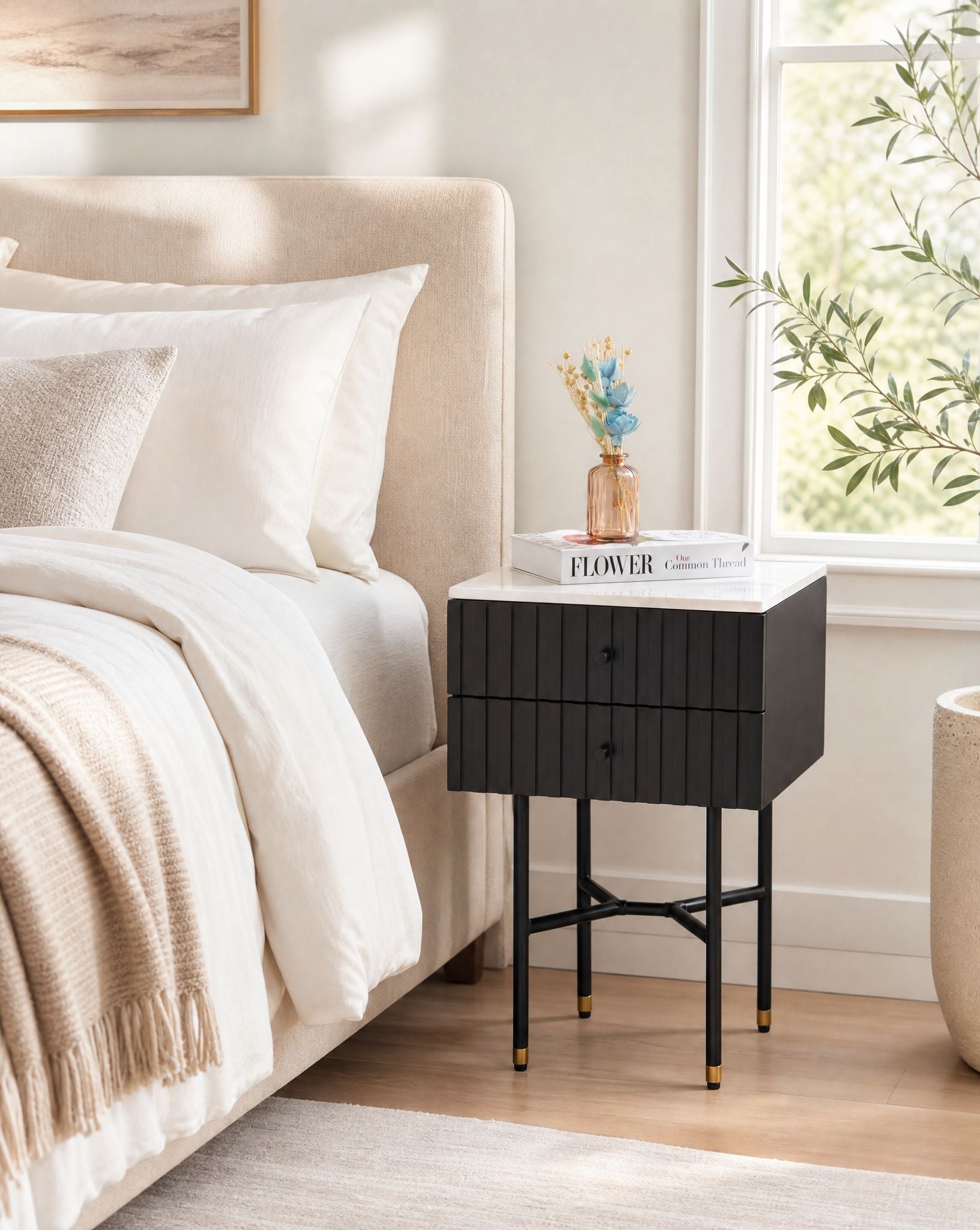 Vanta Marble Top Two Drawer Nightstand Table - Art and craft furniture