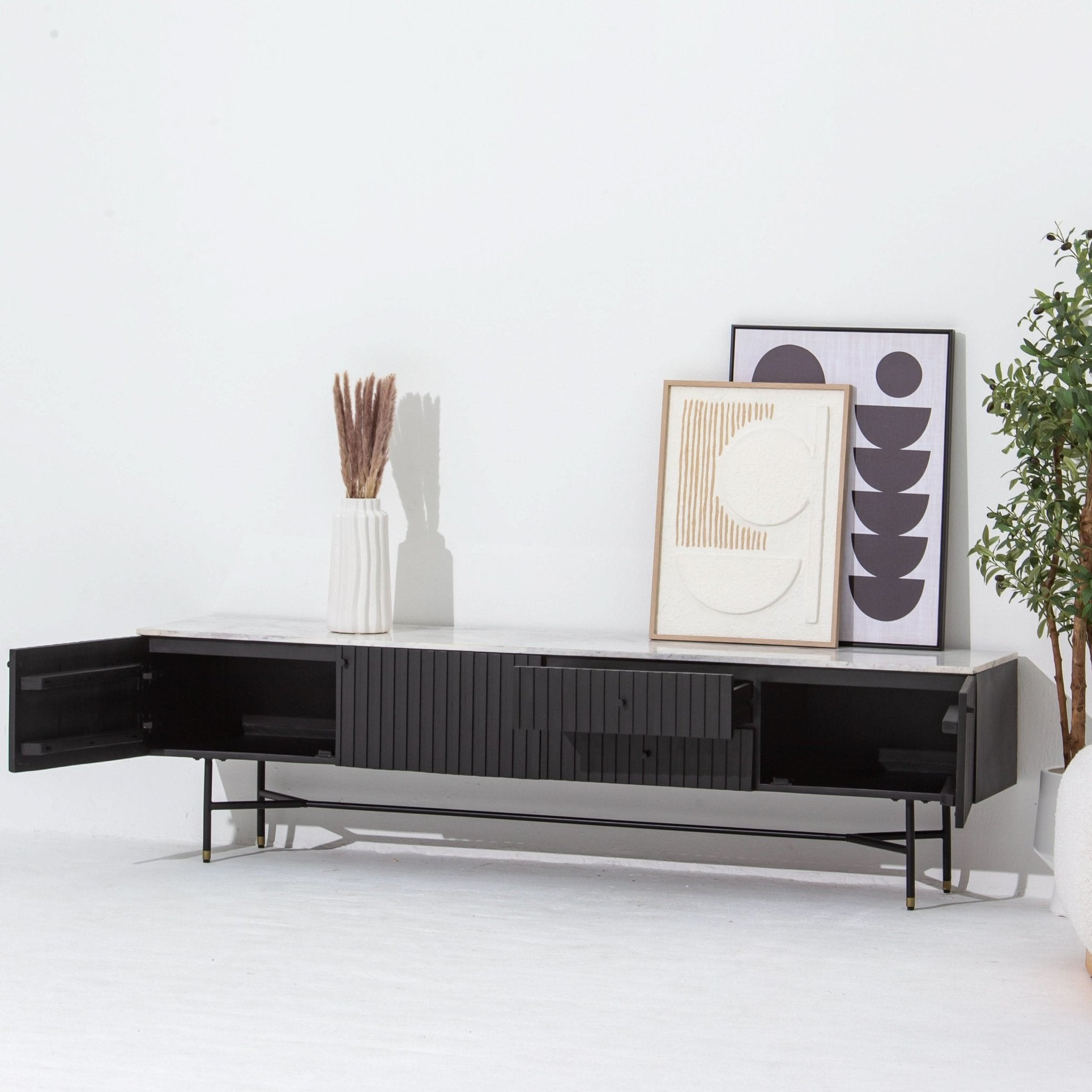 VANTA MARBLE TOP TWO DRAWER THREE DOOR TV STAND - Art and craft furniture