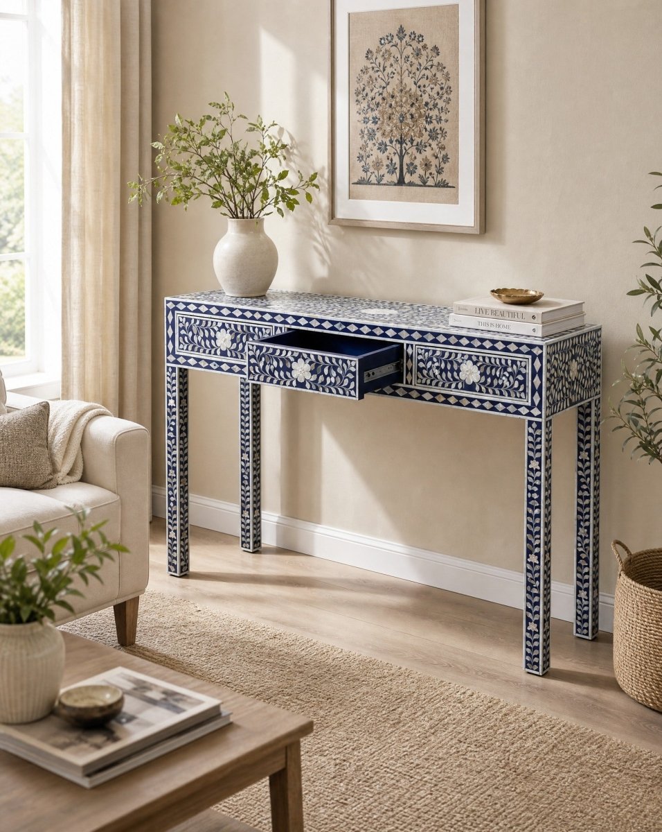 Vareli 3 Drawer Mother of Pearl Blue Console Table - Art and craft furniture