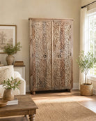 Veloria Mango Wood Carwing Storage Cabinet - Art and craft furniture