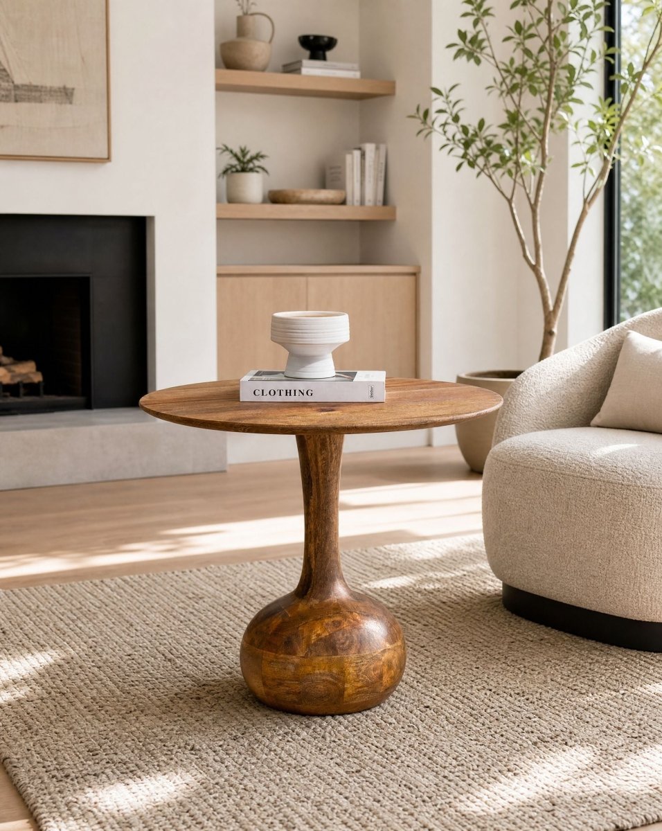 Volara Round Mango Wood Side Table - Art and craft furniture