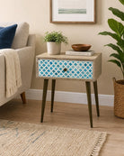 Waverly Sky Blue One Drawer Inlay BadSide Table - Art and craft furniture