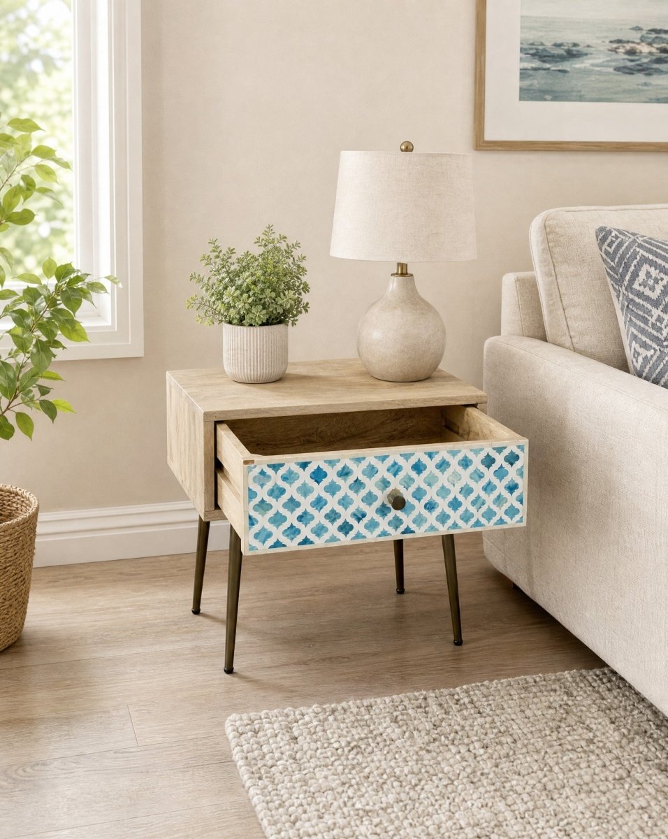 Waverly Sky Blue One Drawer Inlay BadSide Table - Art and craft furniture