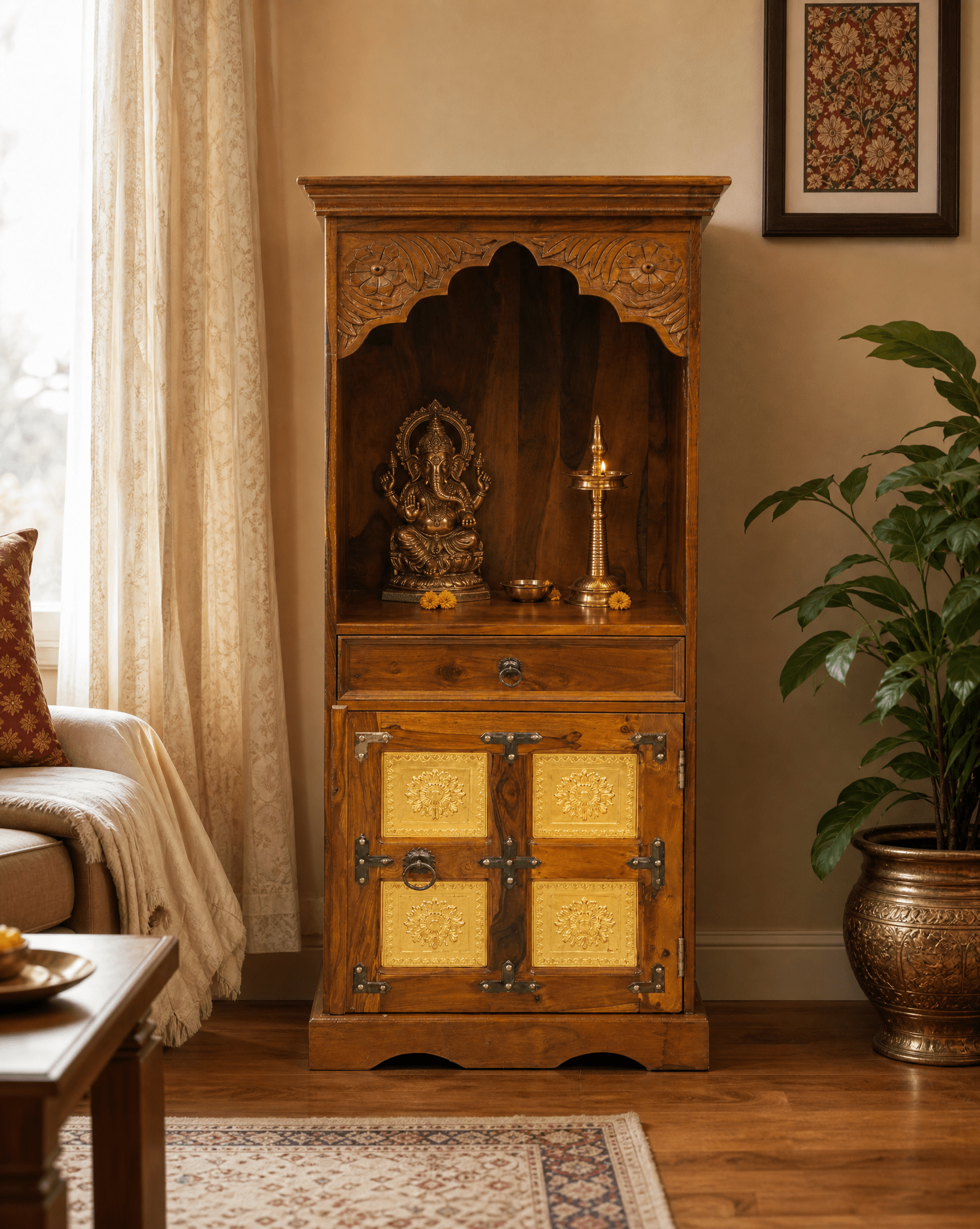 Wooden Brass Block One Door One Drawer Temple - Art and craft furniture