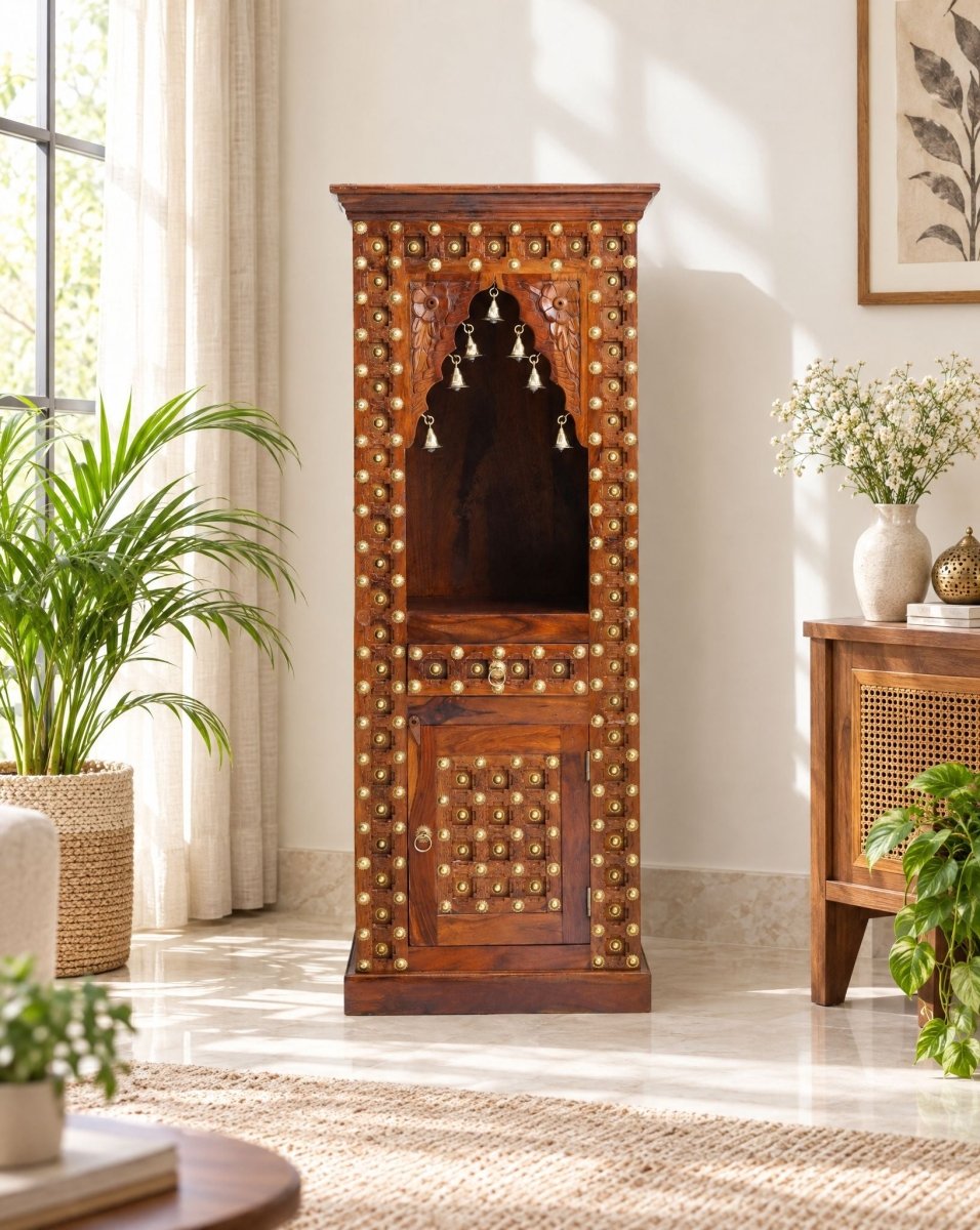 Wooden Brass Tile One Door & Drawer Temple - Art and craft furniture