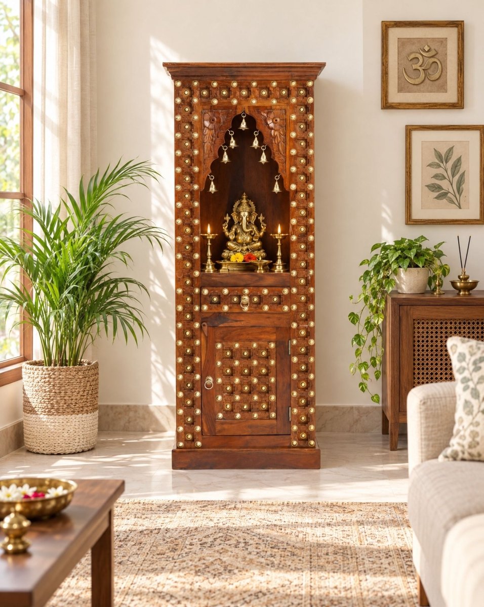 Wooden Brass Tile One Door & Drawer Temple - Art and craft furniture