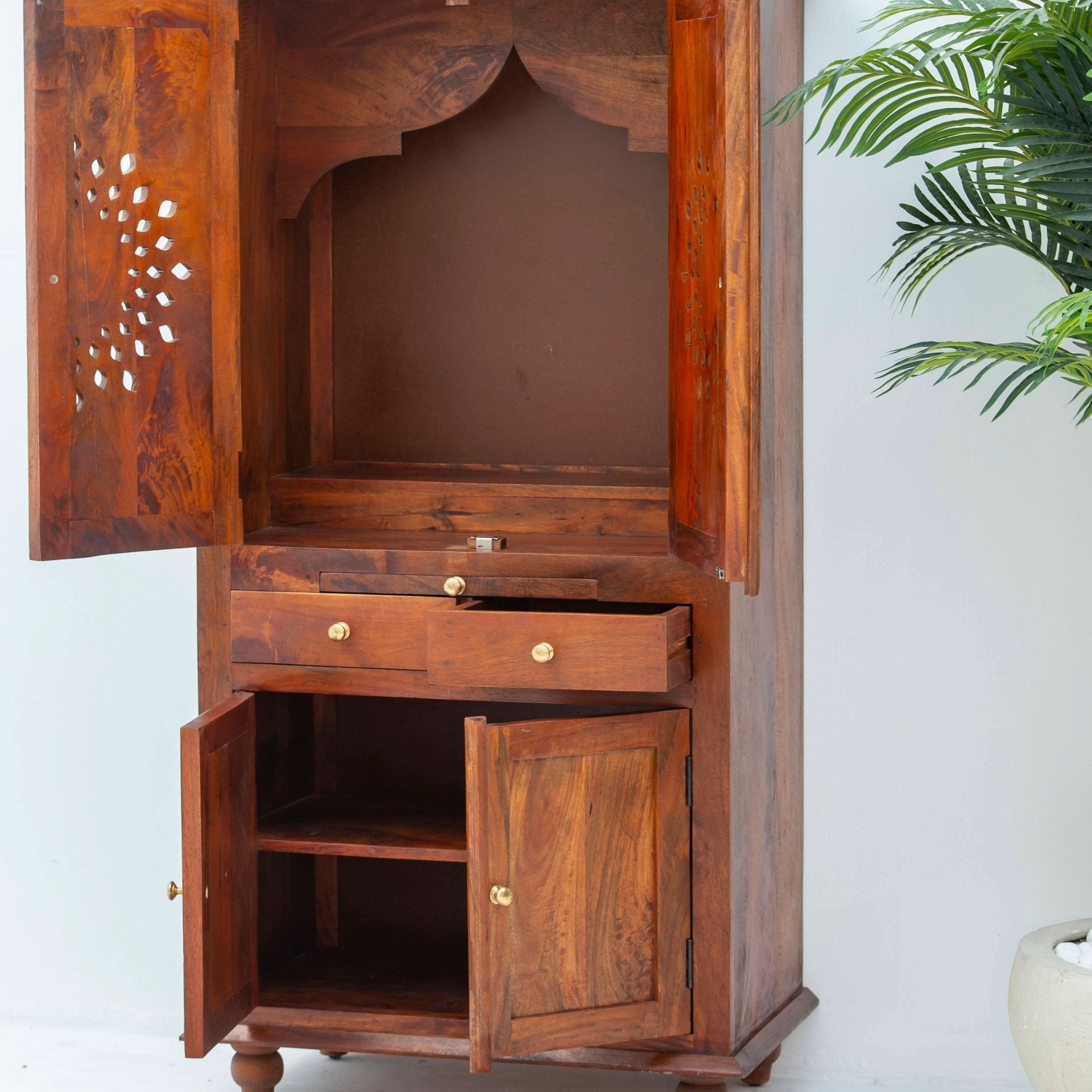 WOODEN FOUR DOOR TWO DRAWER TEMPLE - Art and craft furniture