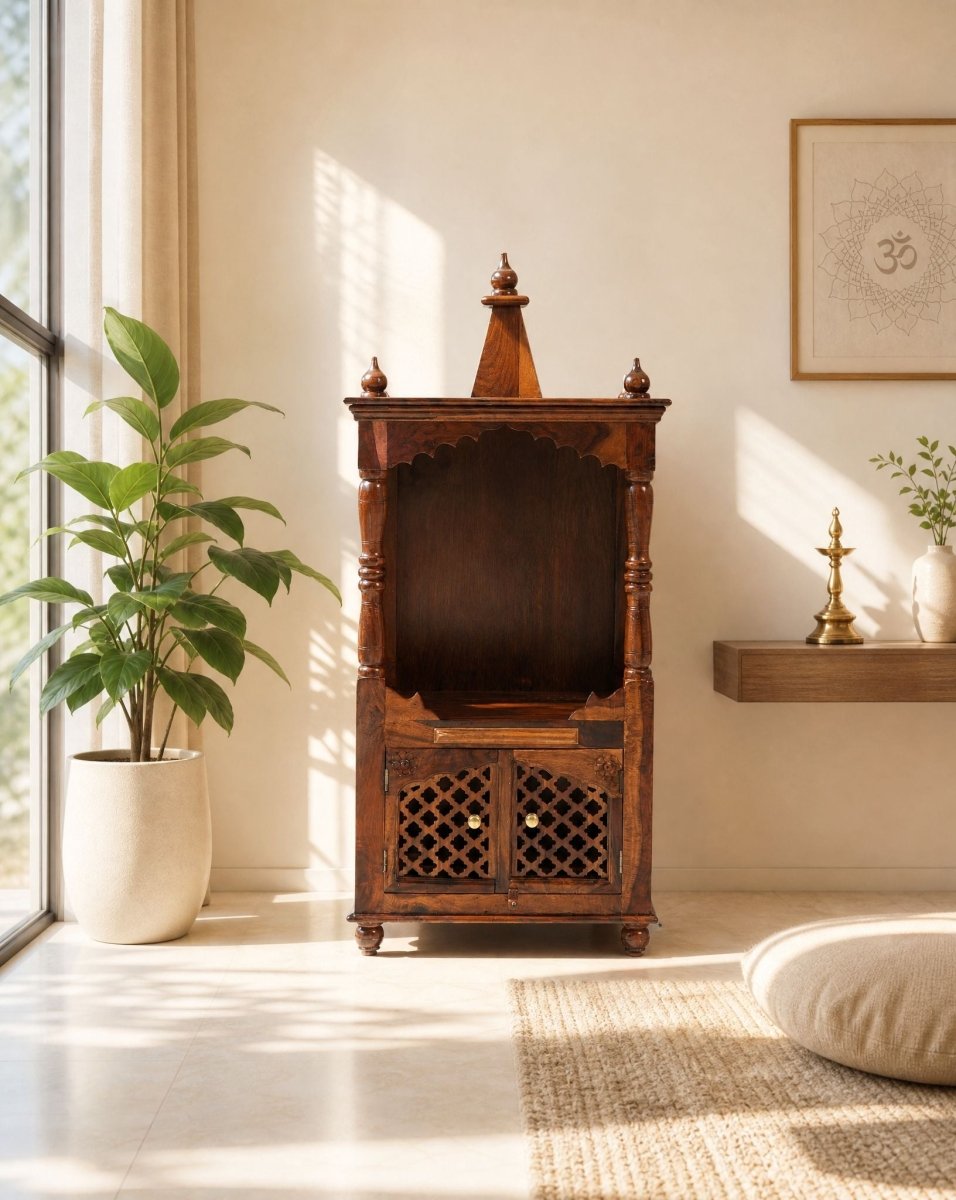 Wooden Two Door & One Sliding Tray Temple - Art and craft furniture