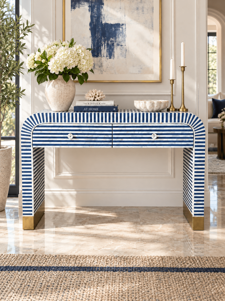 Zelora Blue 2 Drawer Inlay Console Table - Art and craft furniture