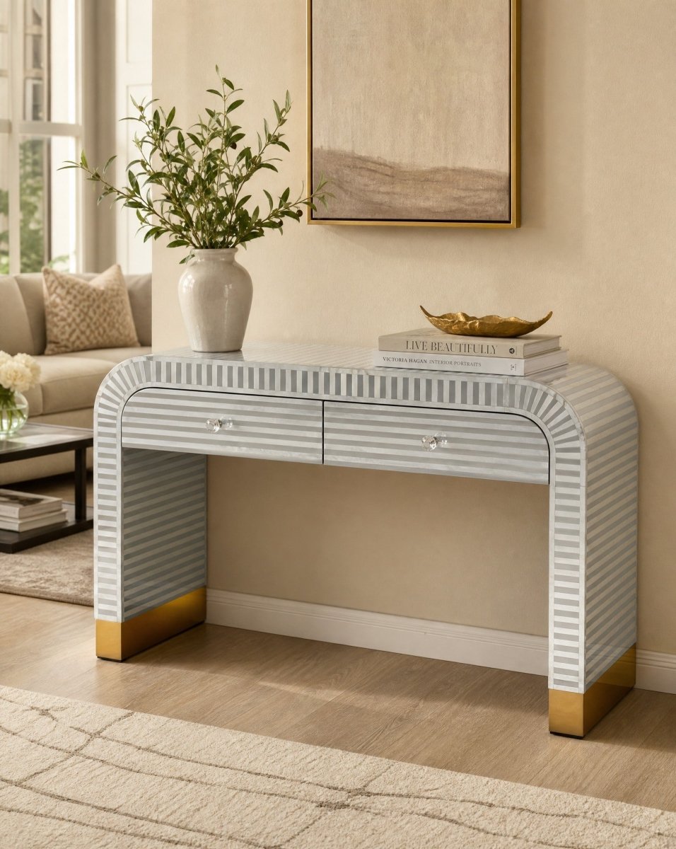 Zelora Grey 2 Drawer Inlay Console Table - Art and craft furniture