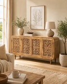 Zenvia Wooden Carving Four Door Sideboard - Art and craft furniture