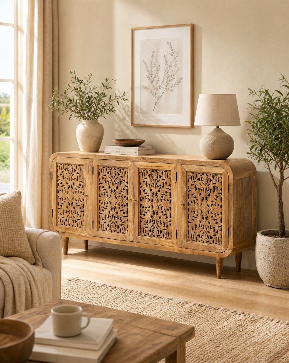 Zenvia Wooden Carving Four Door Sideboard - Art and craft furniture