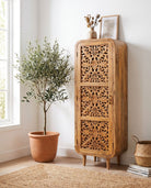 Zenvia Wooden Carving Single Door Cabinet - Art and craft furniture