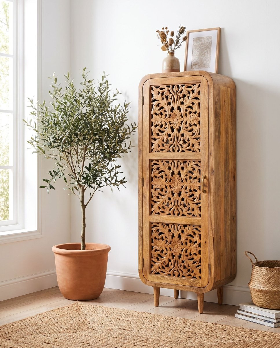 Zenvia Wooden Carving Single Door Cabinet - Art and craft furniture