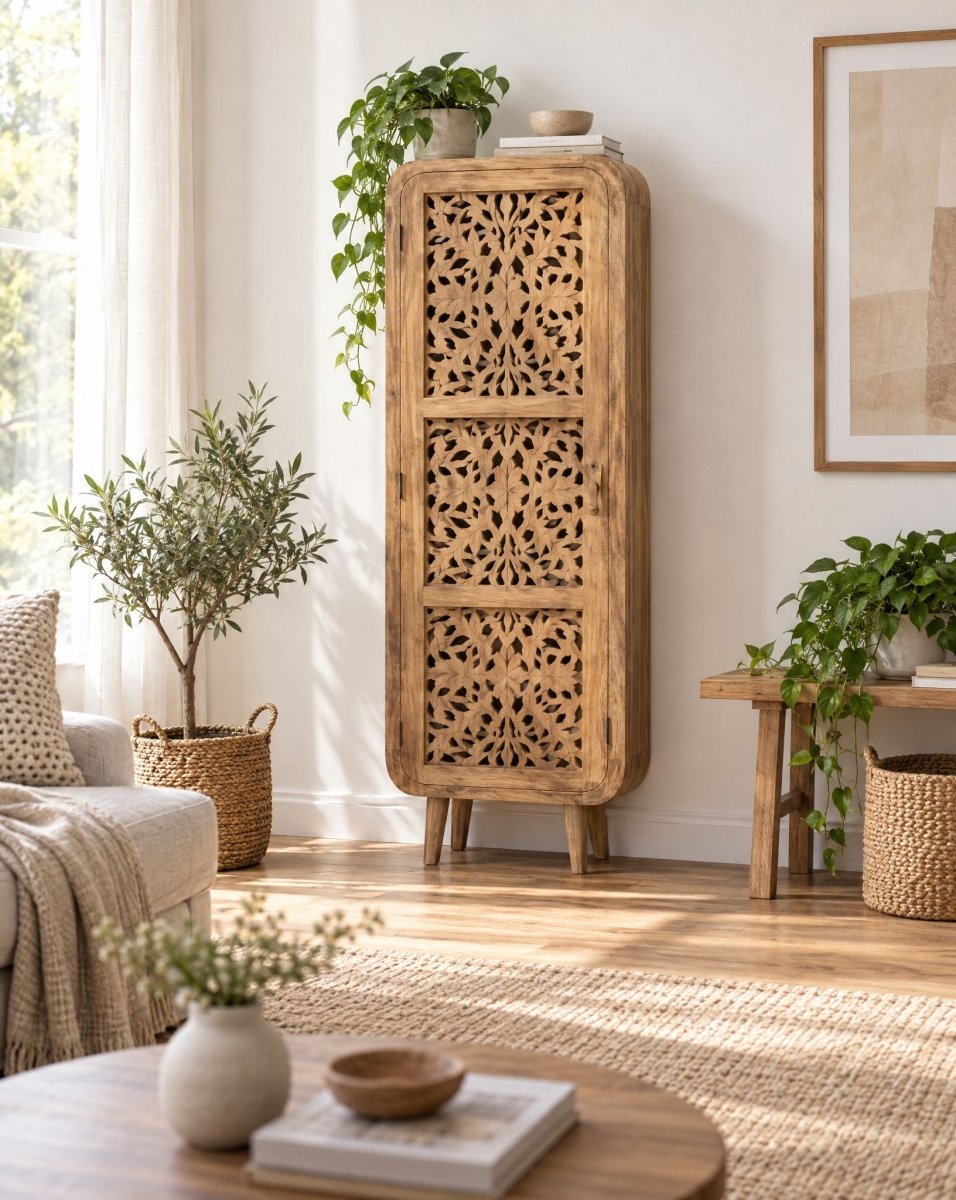 Zenvia Wooden Carving Single Door Cabinet - Art and craft furniture