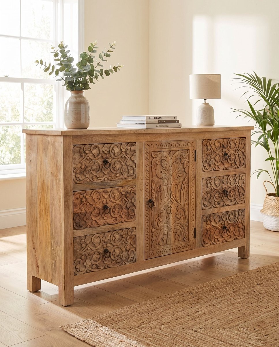 Zorena Carving 6 Drawer 1 Door Sideboard - Art and craft furniture